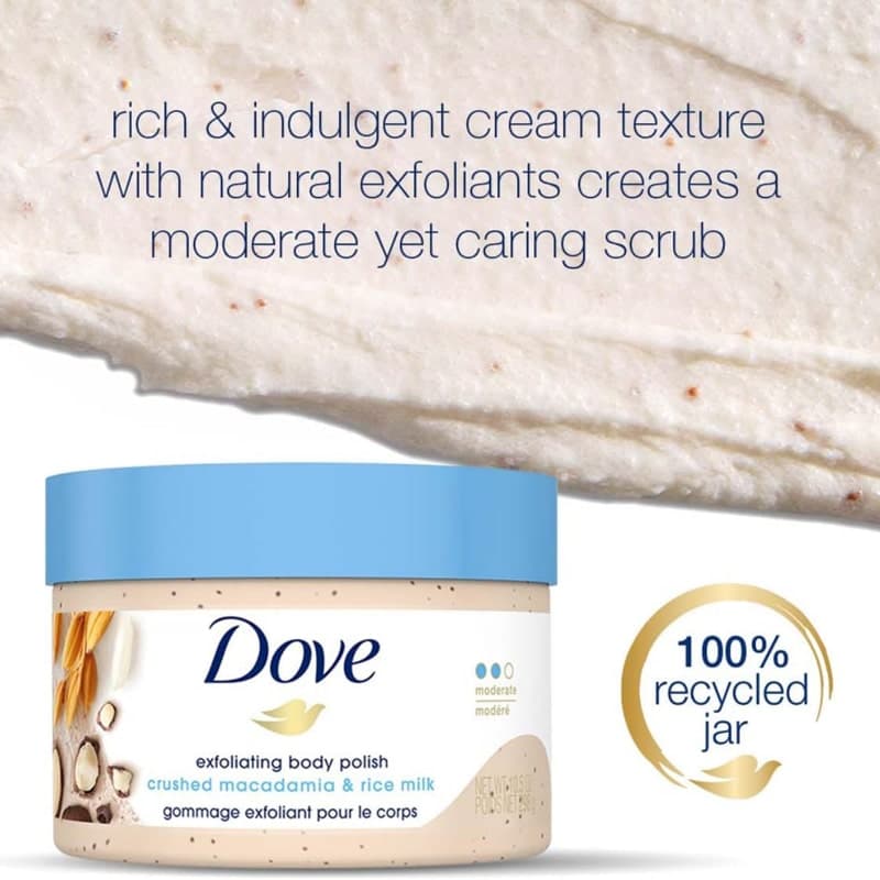 اسکراب لایه بردار بدن داو Dove مدل Exfoliating Body Polish حاوی ماکادمیا و شیربرنج Crushed Macadamia & Rice Milk(298 گرم) — تصویر ۳