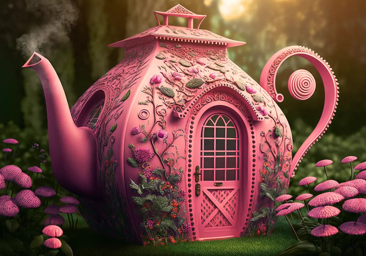 بک‌ دراپ خانه قوری صورتی در باغ سحر آمیز گل‌ها و قارچ‌ها
