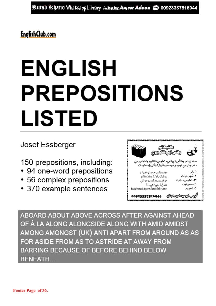 کتاب English Prepositions List: 150 Prepositions (۱۵۰ حرف اضافه انگلیسی) نسخه انگلیسی PDF | یوزف اِسبِرگر (Josef Essberger) — تصویر ۲