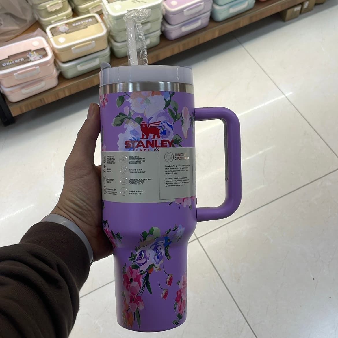 تراول ماگ استنلی گلدار |حجم 1.180 (بنفش گلدار | آبی گلدار | سفید گلدار | صورتی گلدار) — تصویر ۴