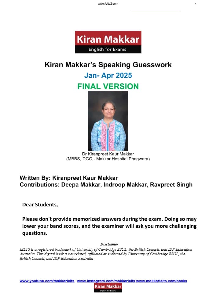 کتاب IELTS Speaking Guesswork January-April 2025 (حدسوگمان مکالمه آیلتس ژانویه تا آوریل ۲۰۲۵) نسخه انگلیسی PDF | کیرانپریت کور ماکار — تصویر ۲