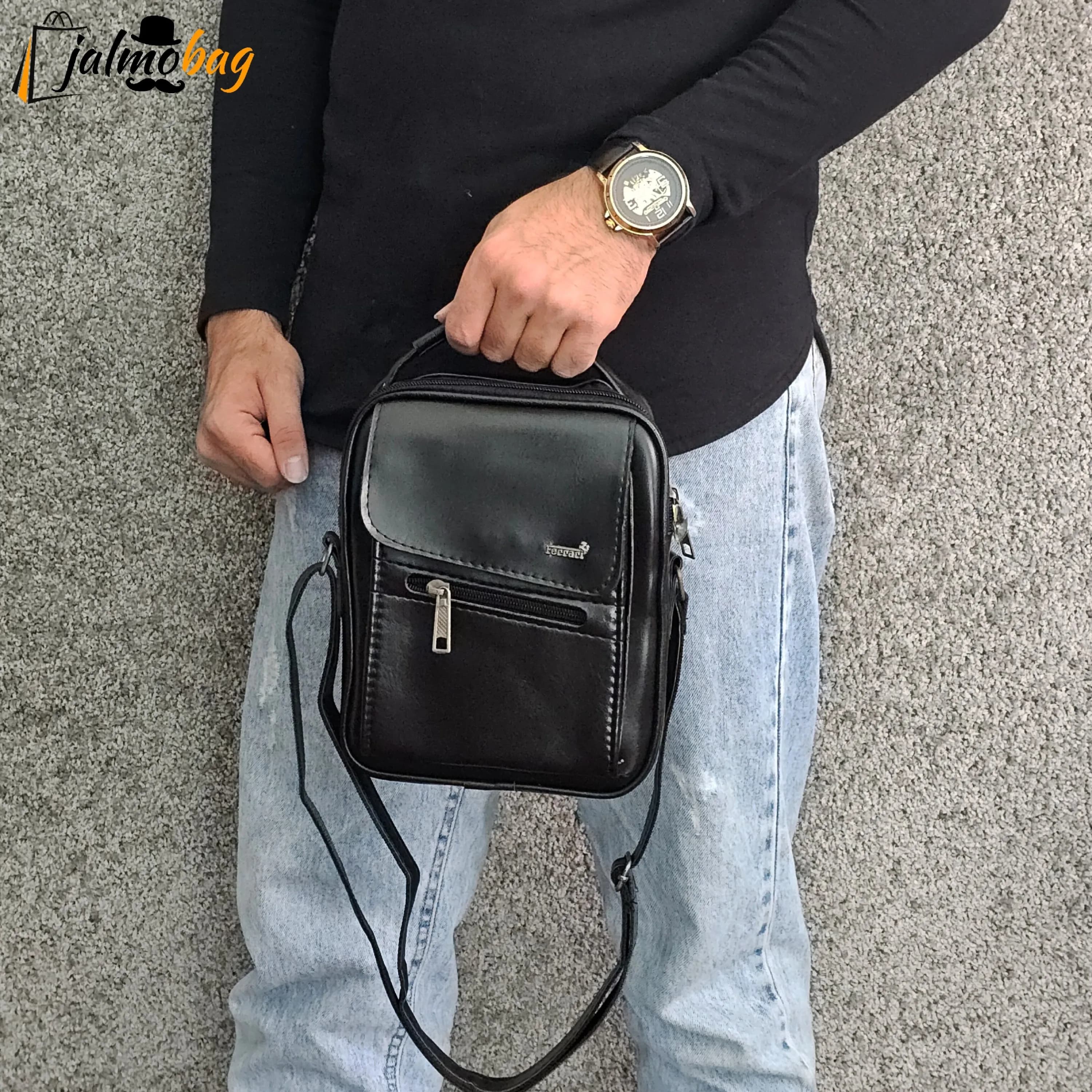 کیف دوشی چرمی اسپرت بزرگ چرم صنعتی مشکی خردلی قهوهای تیره — تصویر ۷