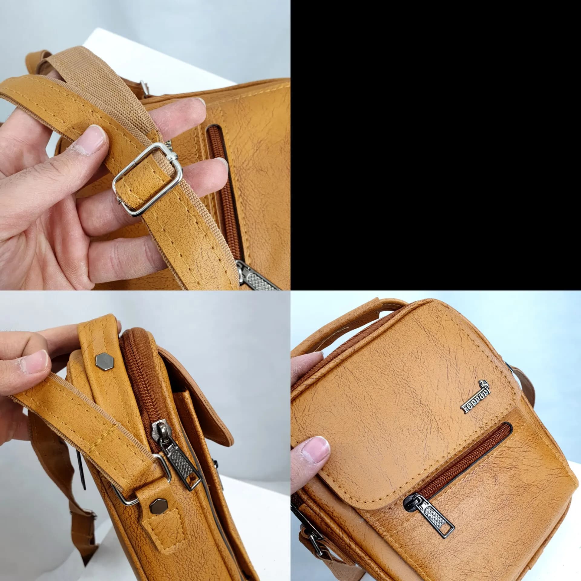 کیف دوشی چرمی اسپرت بزرگ چرم صنعتی مشکی خردلی قهوهای تیره — تصویر ۴