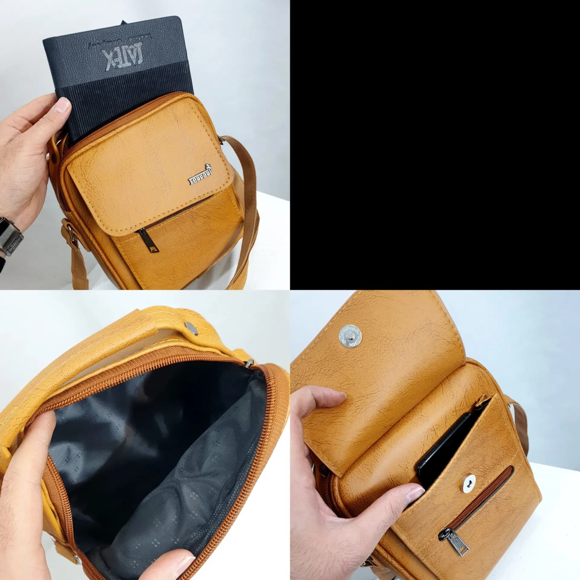 کیف دوشی چرمی اسپرت بزرگ چرم صنعتی مشکی خردلی قهوهای تیره — تصویر ۵