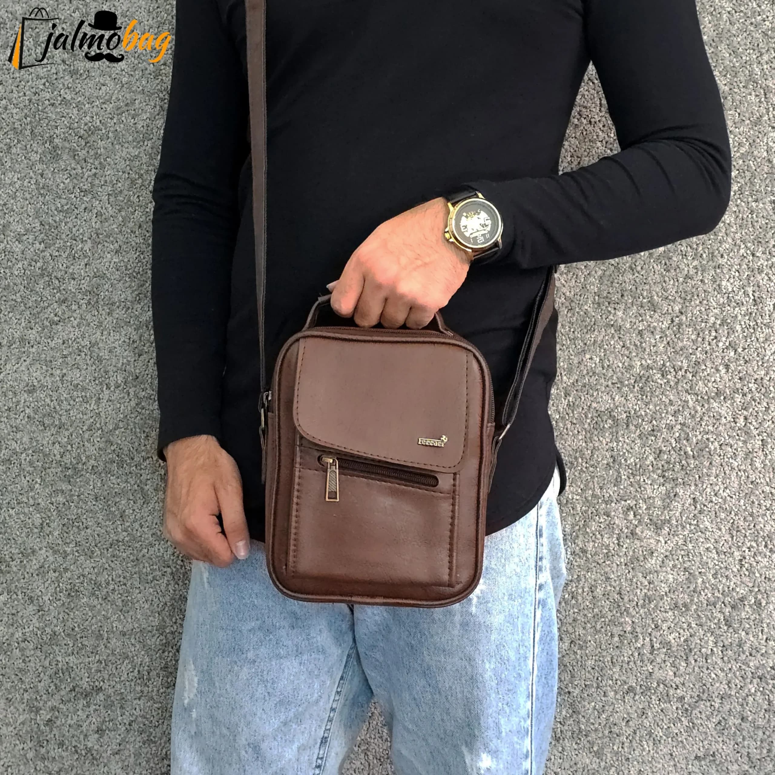 کیف دوشی چرمی اسپرت بزرگ چرم صنعتی مشکی خردلی قهوهای تیره — تصویر ۳