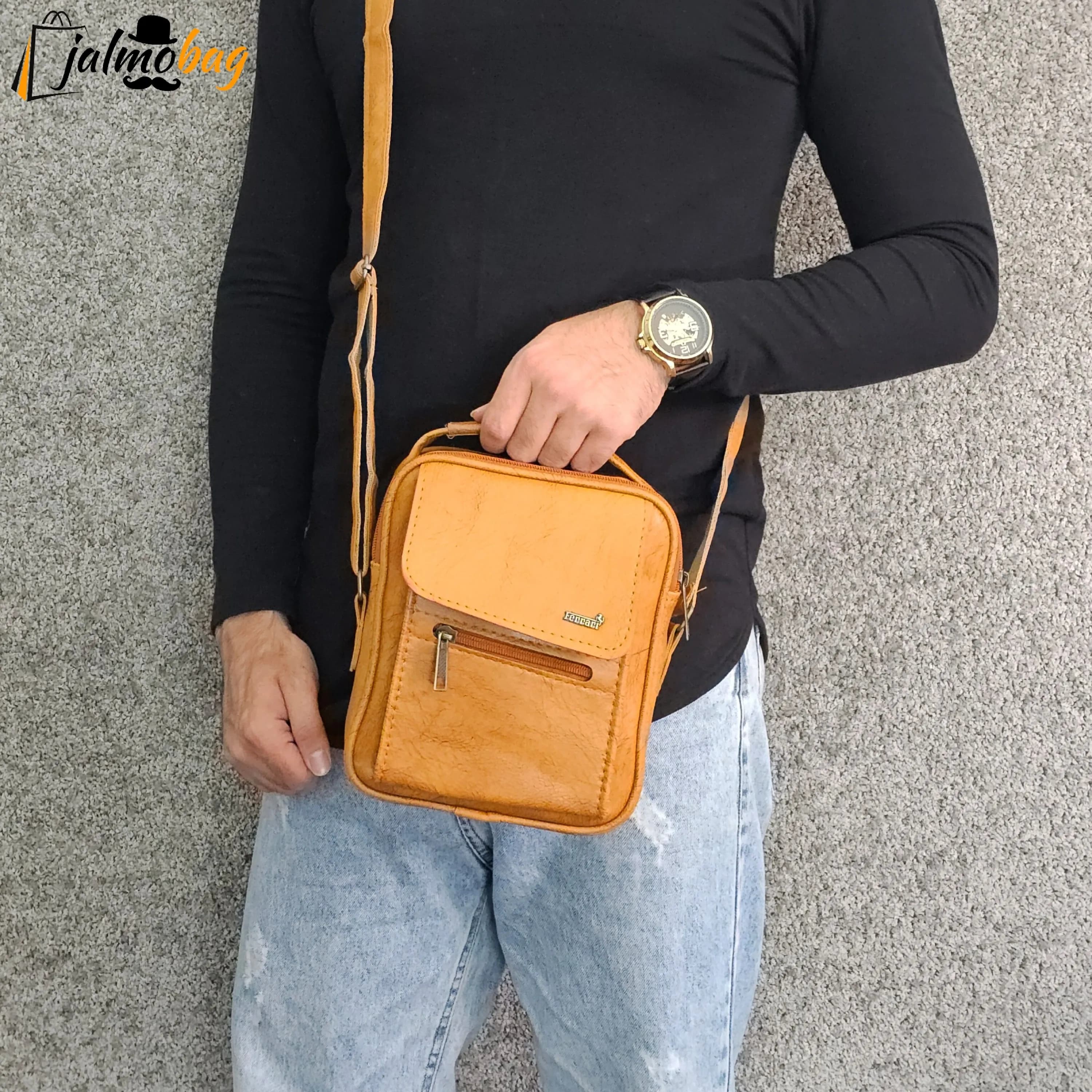 کیف دوشی چرمی اسپرت بزرگ چرم صنعتی مشکی خردلی قهوهای تیره — تصویر ۸