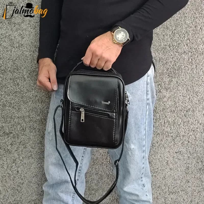 کیف دوشی چرمی اسپرت بزرگ چرم صنعتی مشکی خردلی قهوهای تیره — تصویر ۱۰