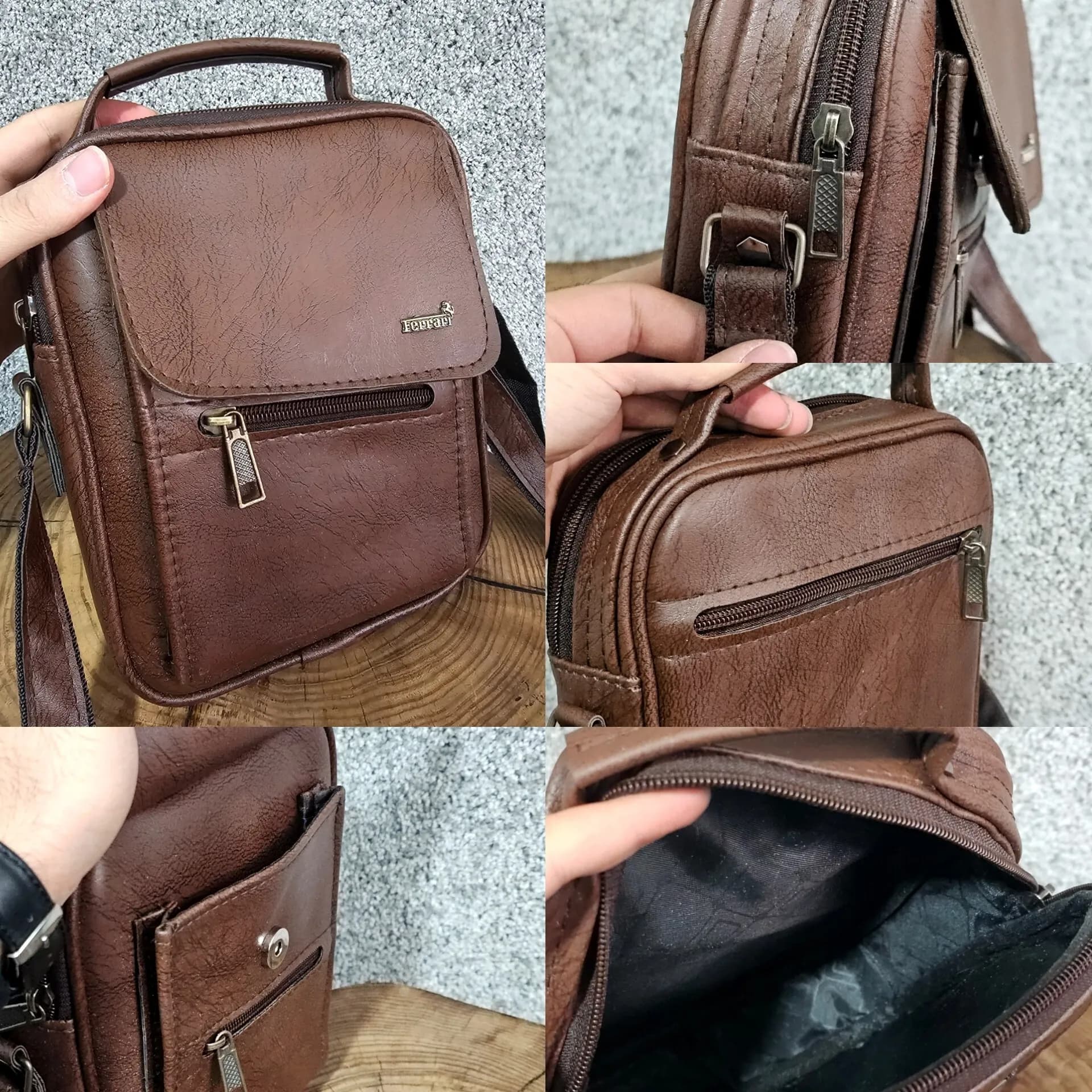 کیف دوشی چرمی اسپرت بزرگ چرم صنعتی مشکی خردلی قهوهای تیره — تصویر ۶