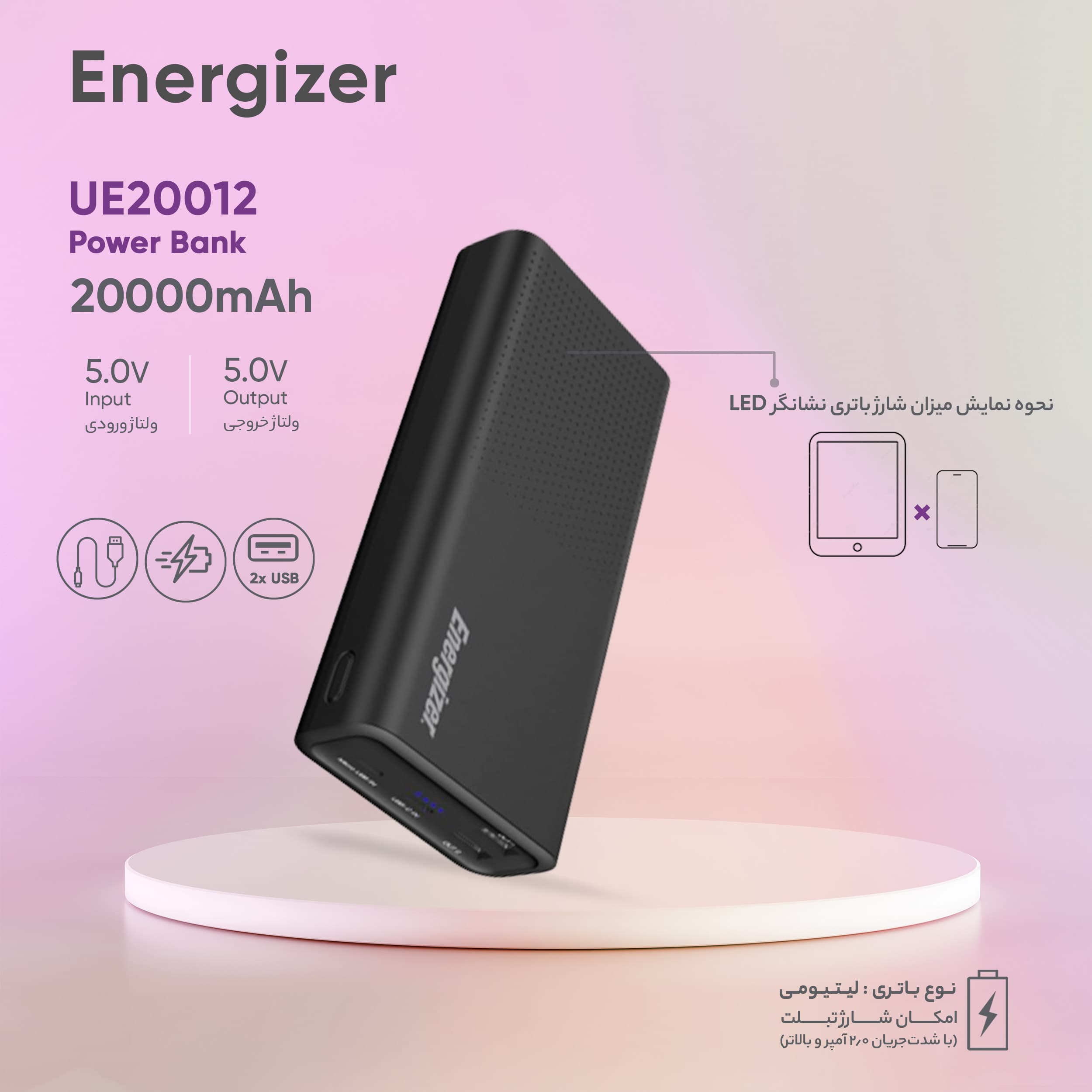 پاوربانک انرجایزر مدل Energizer UE20012PQ 20000mAh — تصویر ۵