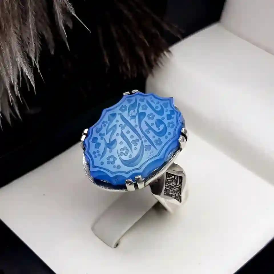 انگشتر مردانه عقیق آبی خطی کد 2023