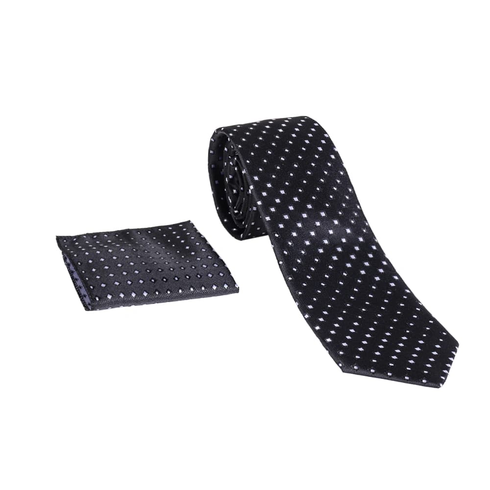 ست کراوات و دستمال جیب مشکی خال‌خالی 98136