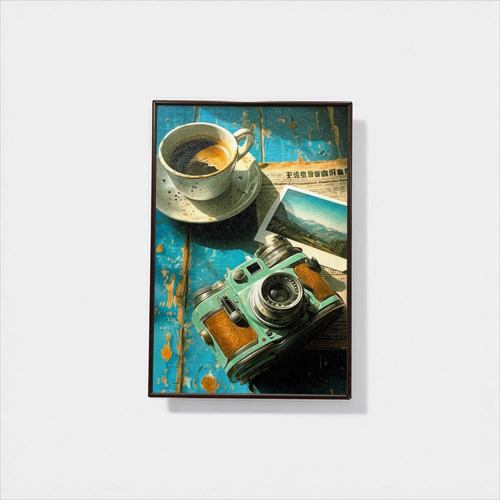تابلو دیواری طرح قهوه و دوربین عکاسی در ابعاد 20×30