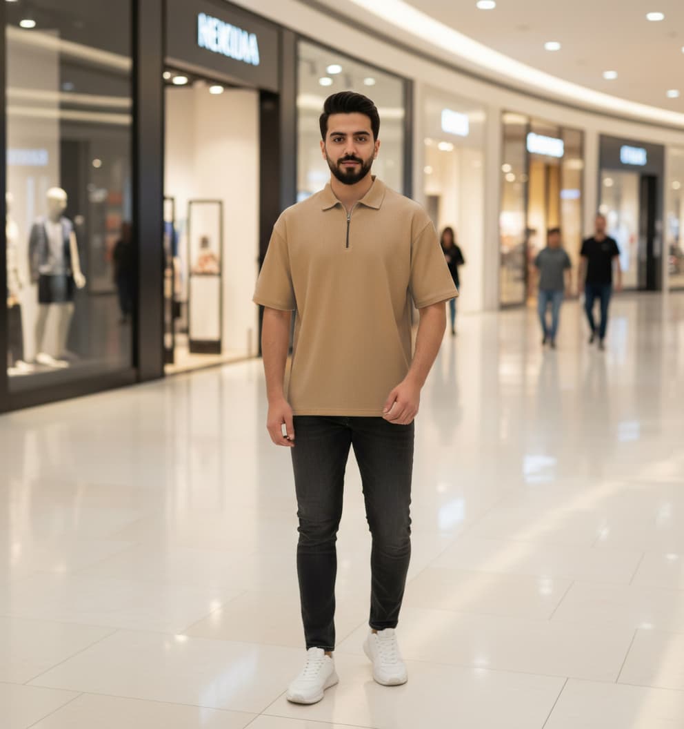 تیشرت مردانه یقه زیپ دار نسکافه ای مدل Arban — تصویر ۶