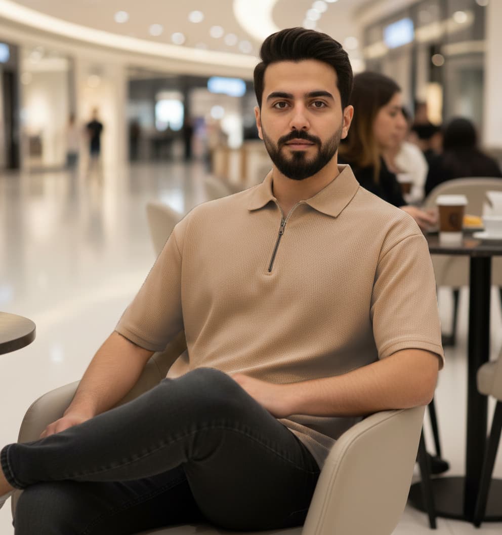 تیشرت مردانه یقه زیپ دار نسکافه ای مدل Arban — تصویر ۵