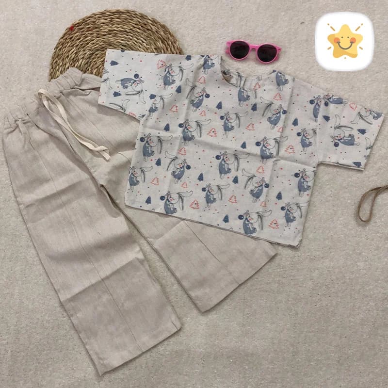 کراپ شلوار لینن دخترانه پارچه خارجی چاپ خرگوش 4 تا 14 سال