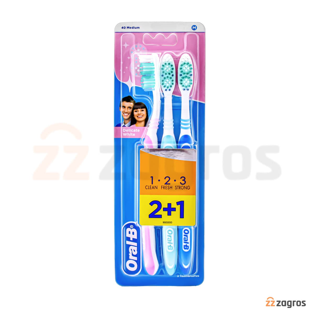 مسواک مدیوم اورال بی Oral-B مدل Delicate White 1.2.3 درجه سختی متوسط بسته 3 عددی — تصویر ۳