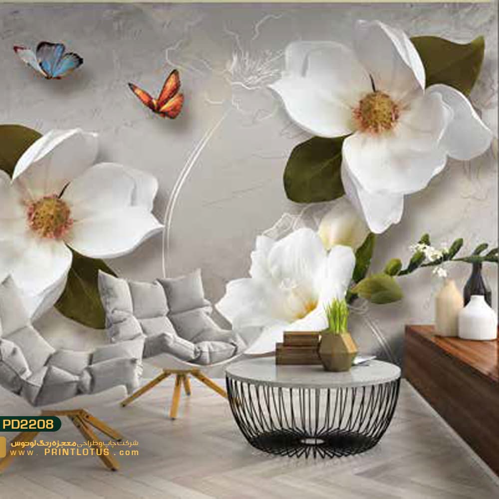 پوستر دیواری گل سفید هلندی پشت تلوزیون و پروانه سه بعدی-کدpd2208
