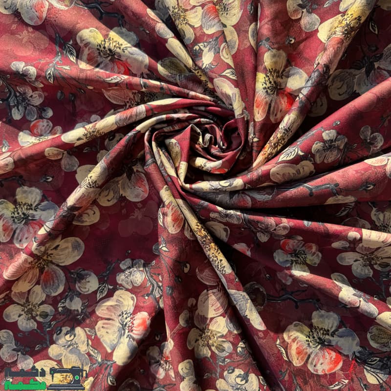 کرپ مازراتی گل دار زمینه شرابی — تصویر ۳