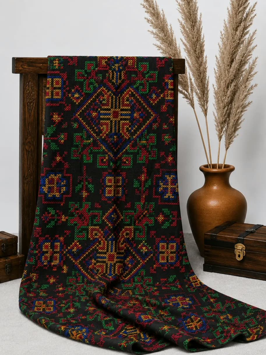 پارچه لینن شماره دوزی مشکی با نقوش چند رنگ