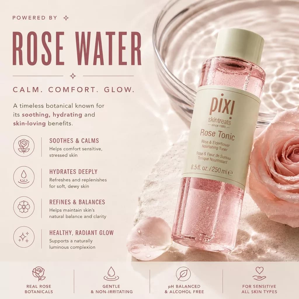 تونر صورت پیکسی | حاوی عصاره رز و گل آقطی Rose Tonic — تصویر ۸
