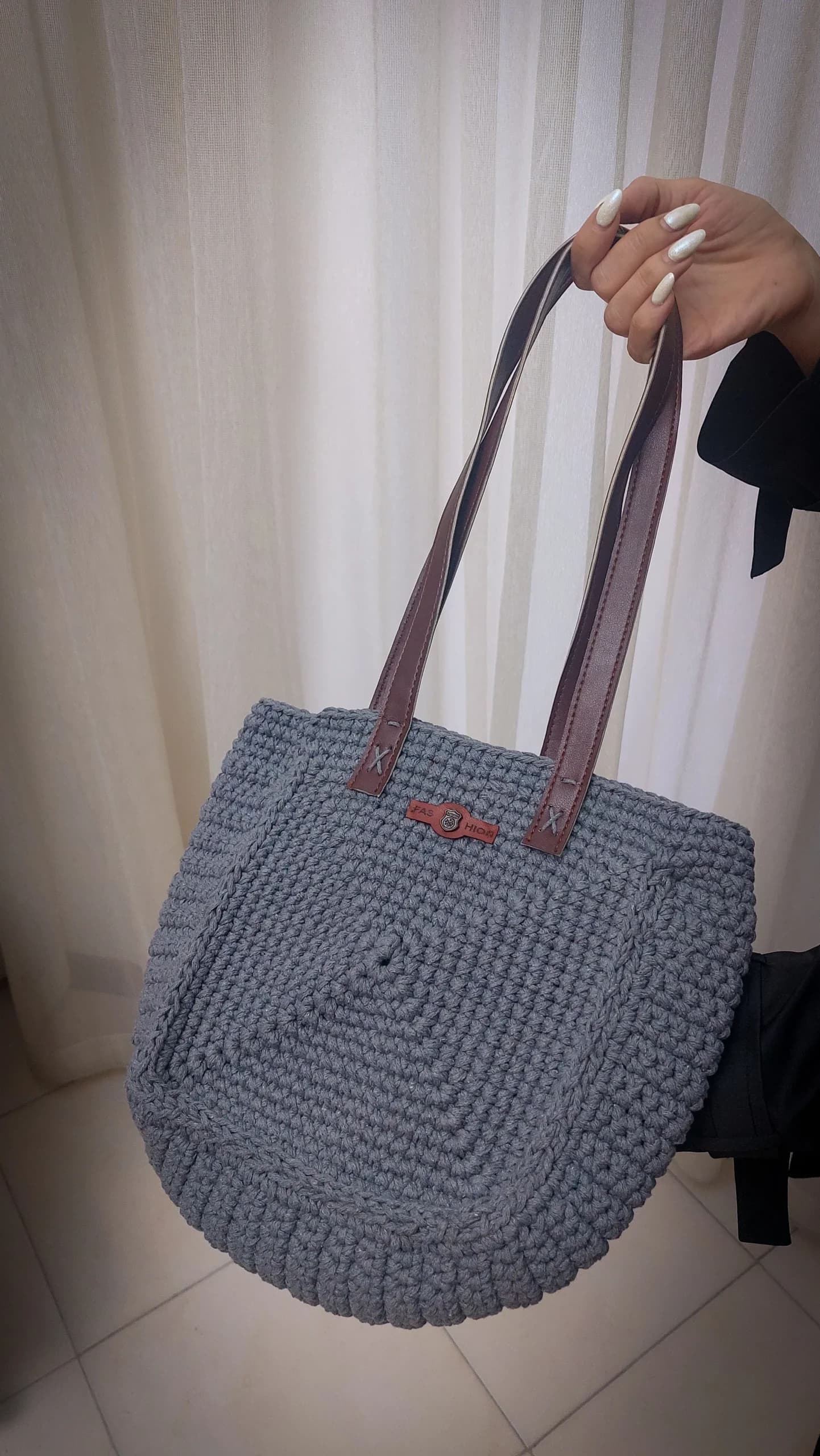 کیف دوشی مکرومه کتان رنگ طوسی