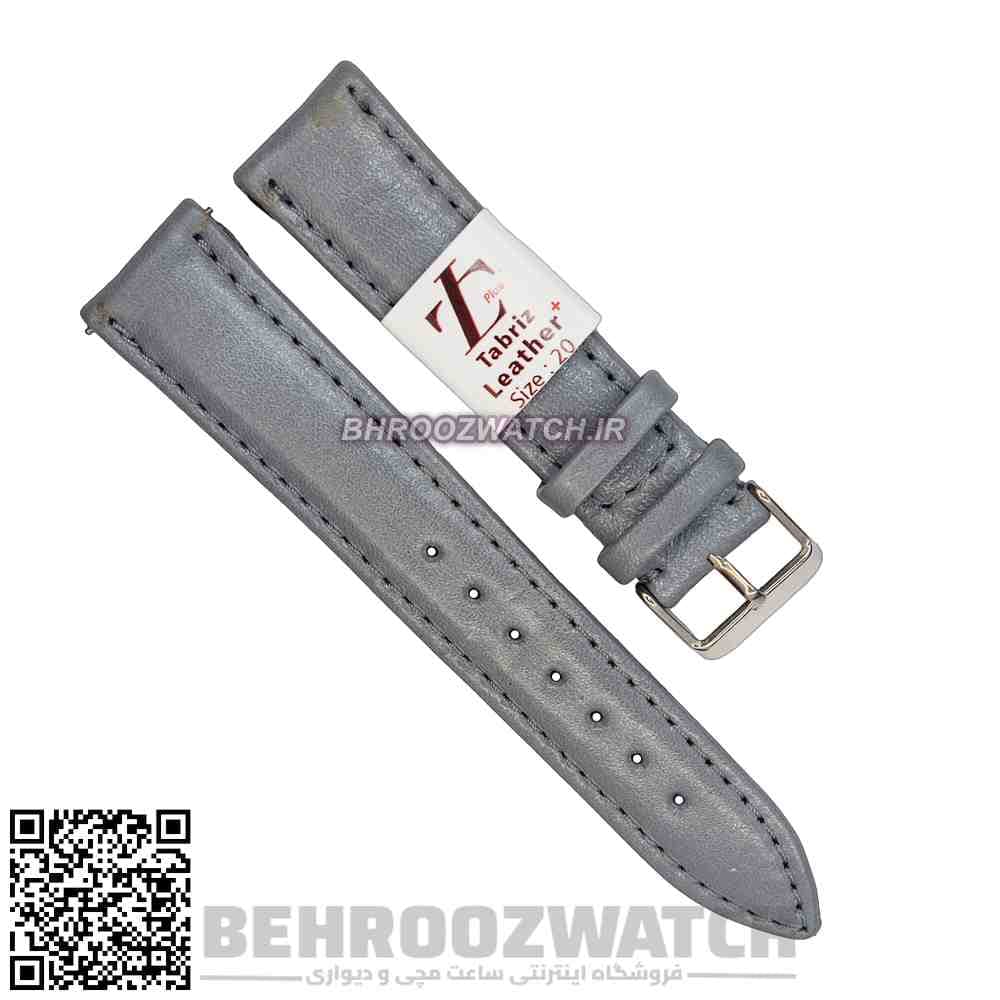 بند ساعت مچی چرم طبیعی چرم تبریز خاکستری سیر ساده سایز 20