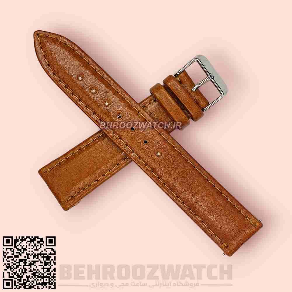 بند ساعت مچی چرم طبیعی چرم تبریز قهوه ای متوسط ساده سایز 20 — تصویر ۴