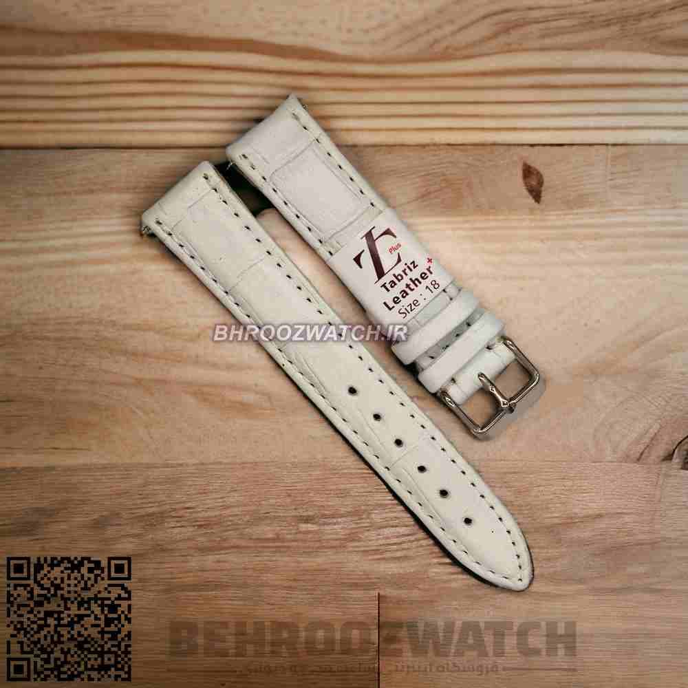 بند ساعت مچی چرم طبیعی چرم تبریز سفید طرح دار سایز 18 — تصویر ۴