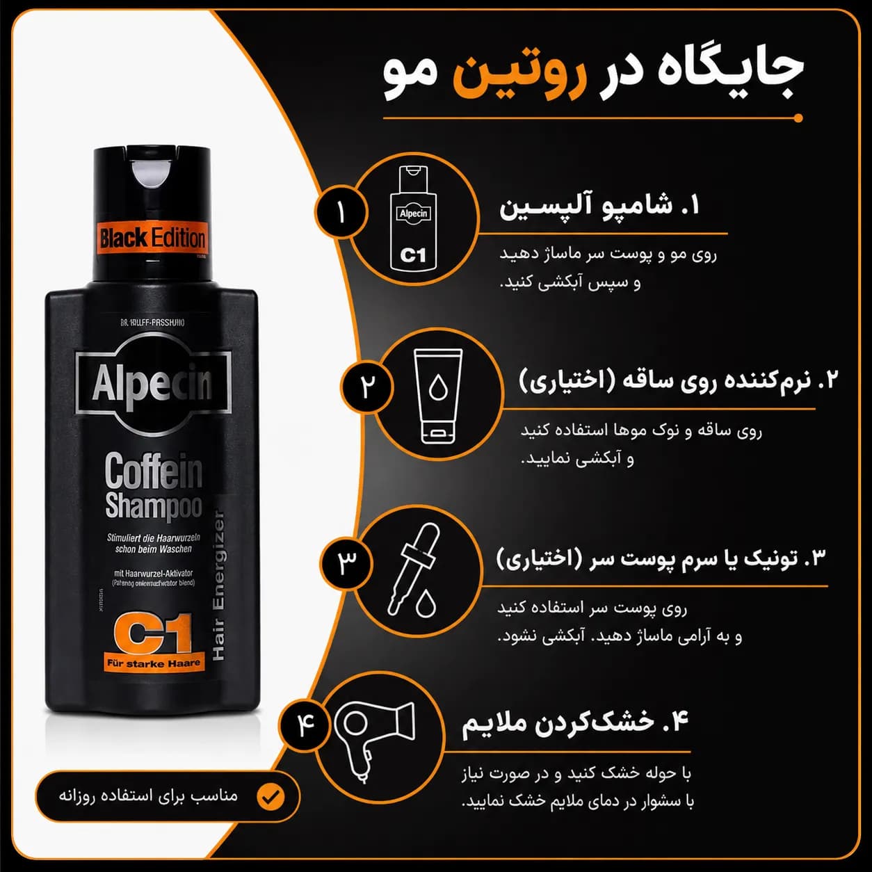 شامپو ضد ریزش الپسین کافئین مشکی Alpecin Caffeine Shampoo C1 Black Edition حجم 250 میل — تصویر ۶
