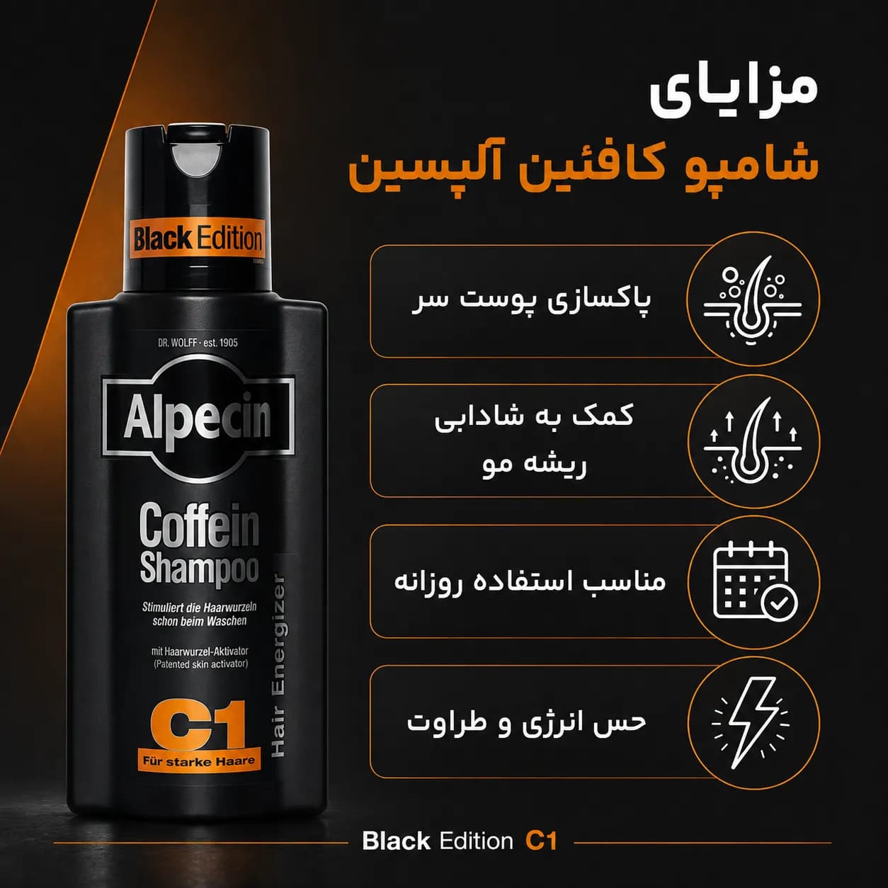 شامپو ضد ریزش الپسین کافئین مشکی Alpecin Caffeine Shampoo C1 Black Edition حجم 250 میل — تصویر ۴