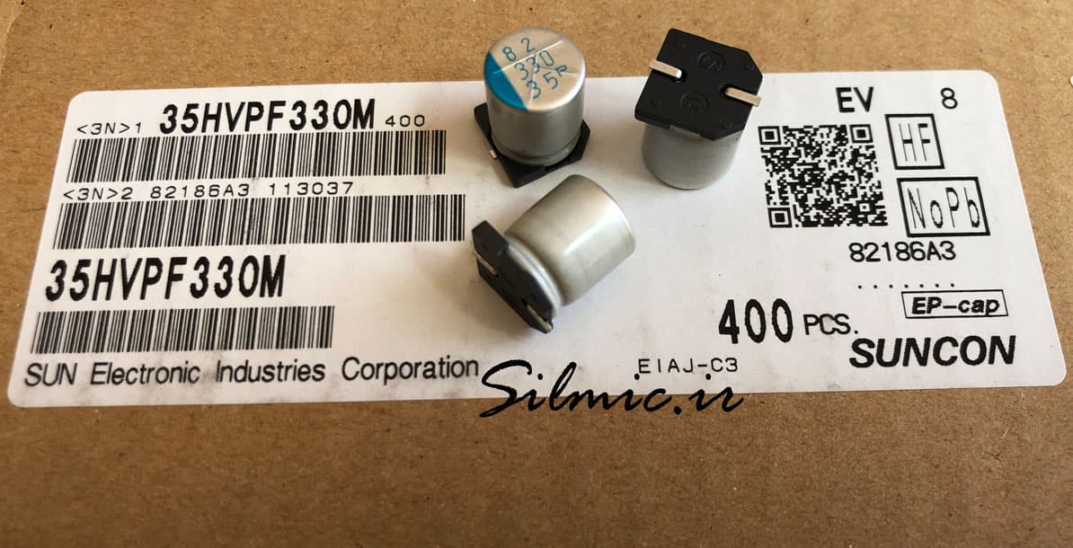 خازن پلیمر جامد 330 میکرو فاراد 35 ولت SANYO/SUNCON ژاپن دمای کار 125 درجه
