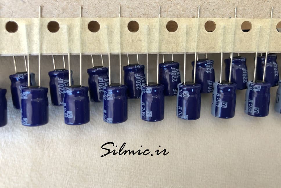 خازن الکترولیت 220 میکرو فاراد 35 ولت Panasonic سری M با ابعاد مینیاتوری — تصویر ۲