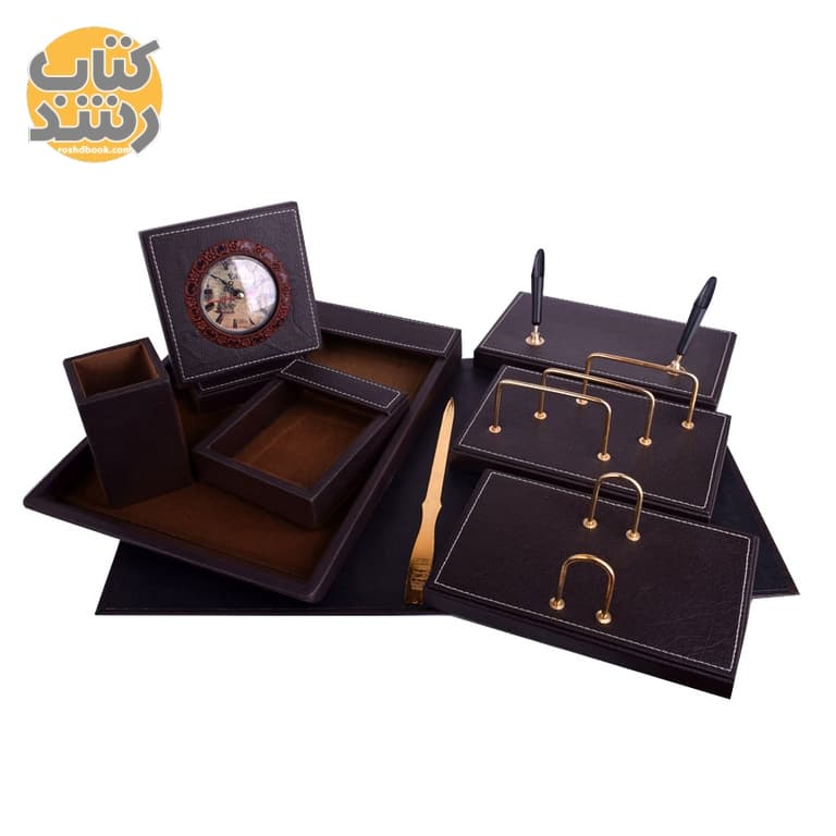 ست رومیزی اداری 9 تکه چرم و چوب CHARM CHOOB کد 6 قهوه ای