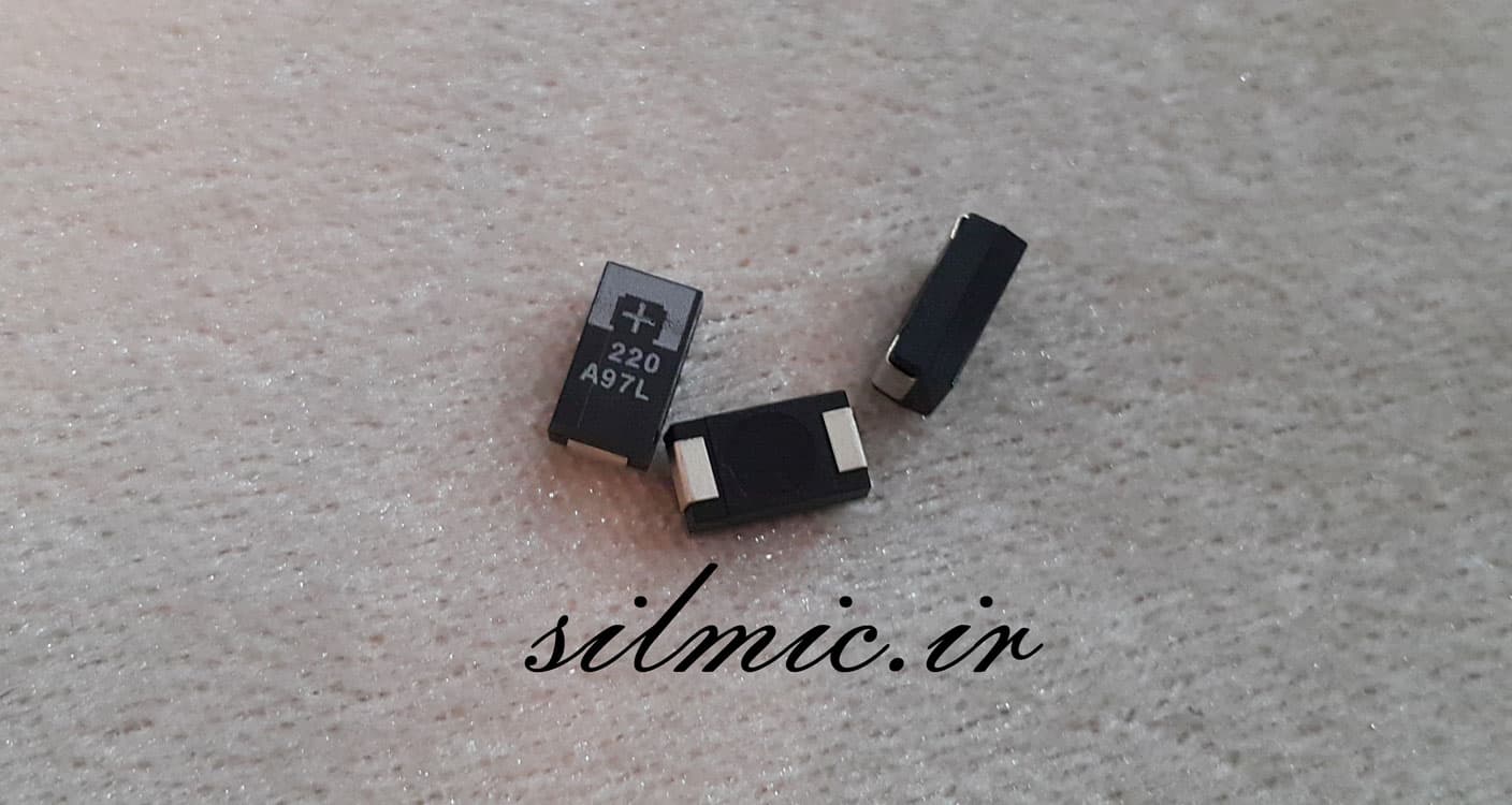 خازن تانتالیوم 220 میکرو فاراد 10 ولت SMD ساخت SANYO سری 10TPB220M