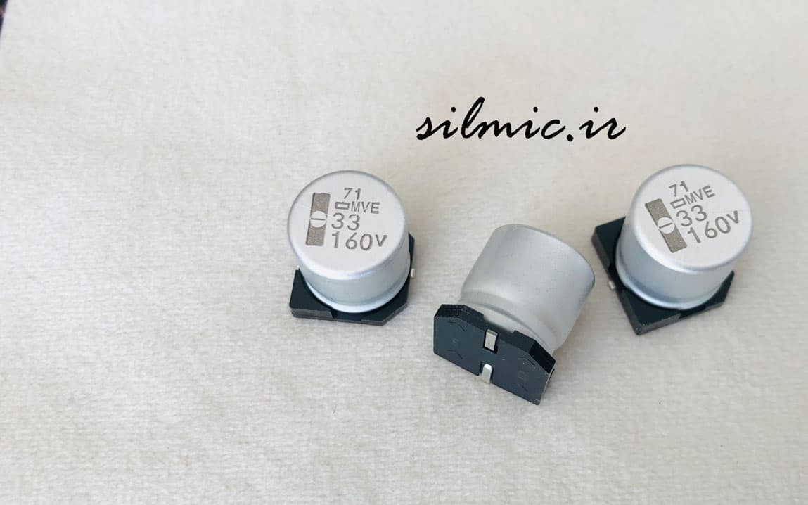 خازن 33 میکرو فاراد 160 ولت SMD ساخت Nippon ژاپن سری MVE استاندارد