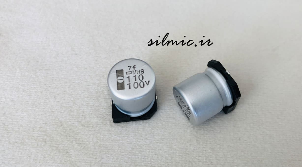 خازن 110 میکرو فاراد 100 ولت SMD ساخت nippon ژاپن سری MHS دمای 125 درجه
