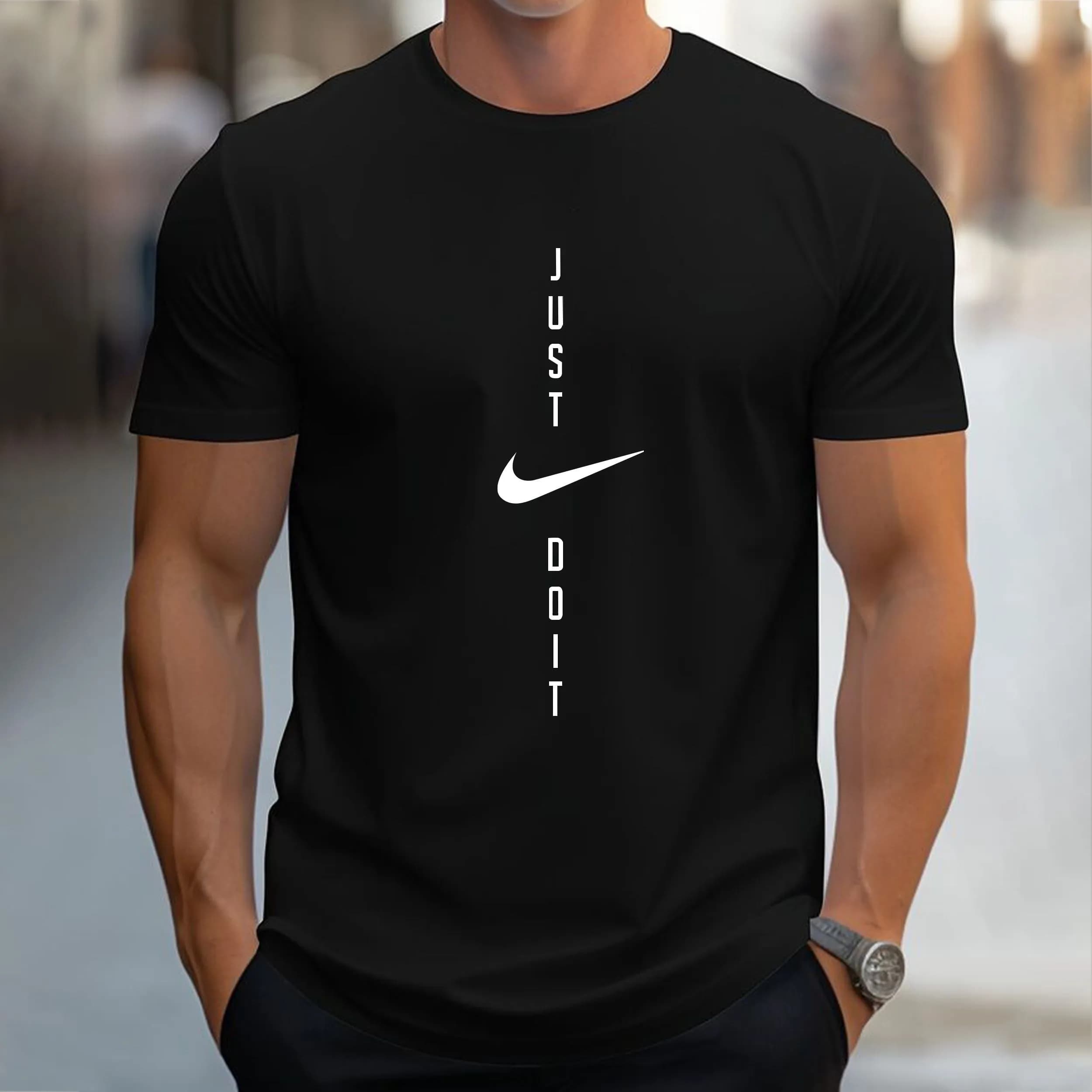 تیشرت یقه گرد مردانه طرح Just Do It مشکی نخ پنبه صد در صد مناسب ورزش و دورهمی — تصویر ۹