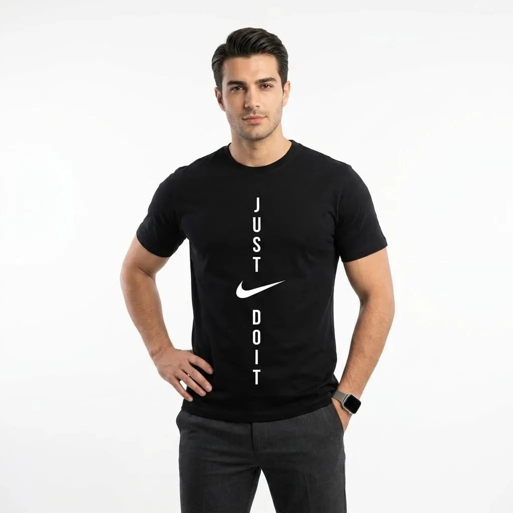 تیشرت یقه گرد مردانه طرح Just Do It مشکی نخ پنبه صد در صد مناسب ورزش و دورهمی — تصویر ۶