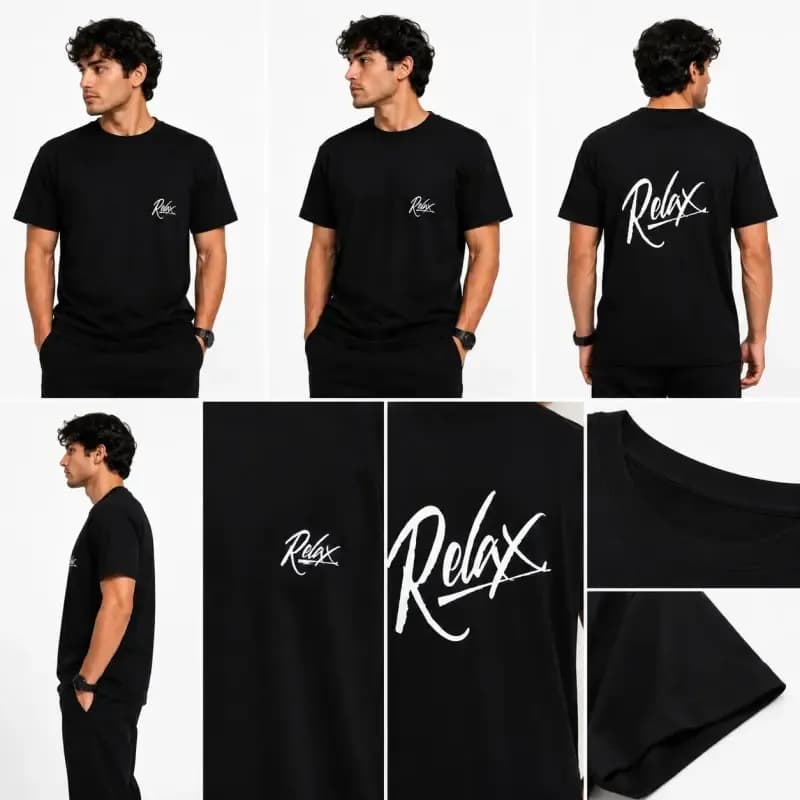 تیشرت یقه گرد مشکی طرح RELAX Signature جین وست نخ پنبه چهار فصل روزمره کژوال استریتویر — تصویر ۴