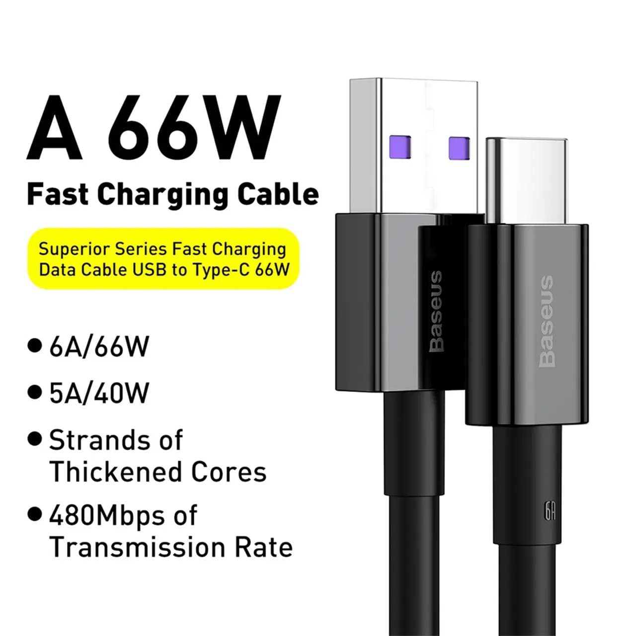 کابل تبدیل USB به تایپ سی بیسوس مدل CATYS طول 1 متر توان 6 آمپر — تصویر ۶