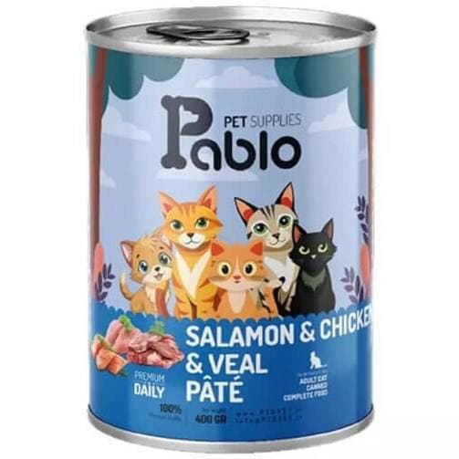 کنسرو پابلو حمایتی طعم سالمون مرغ و گوشت پته