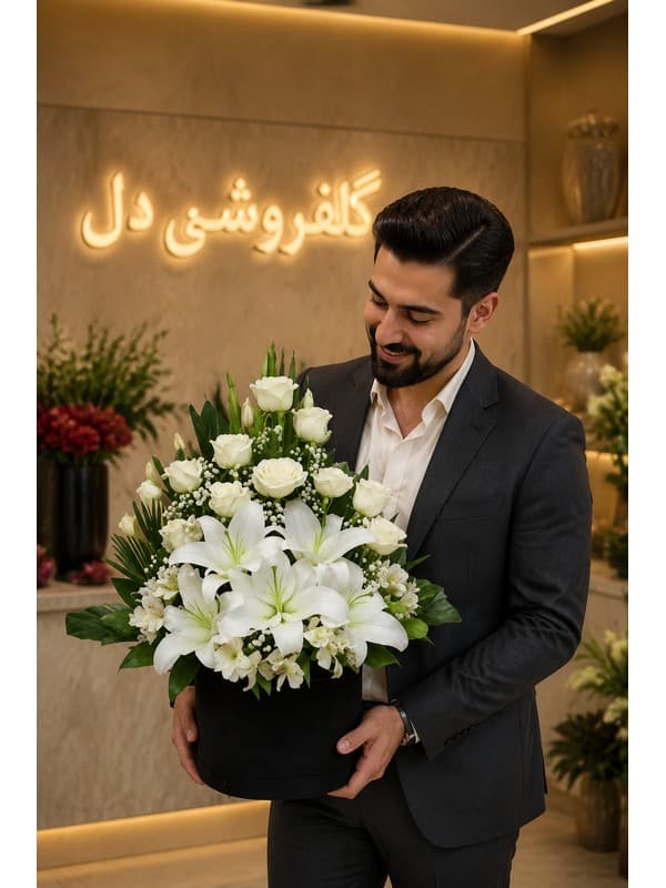 سبد گل افتتاحیه گالری با ترکیب ژربرا و لیسیانتوس
