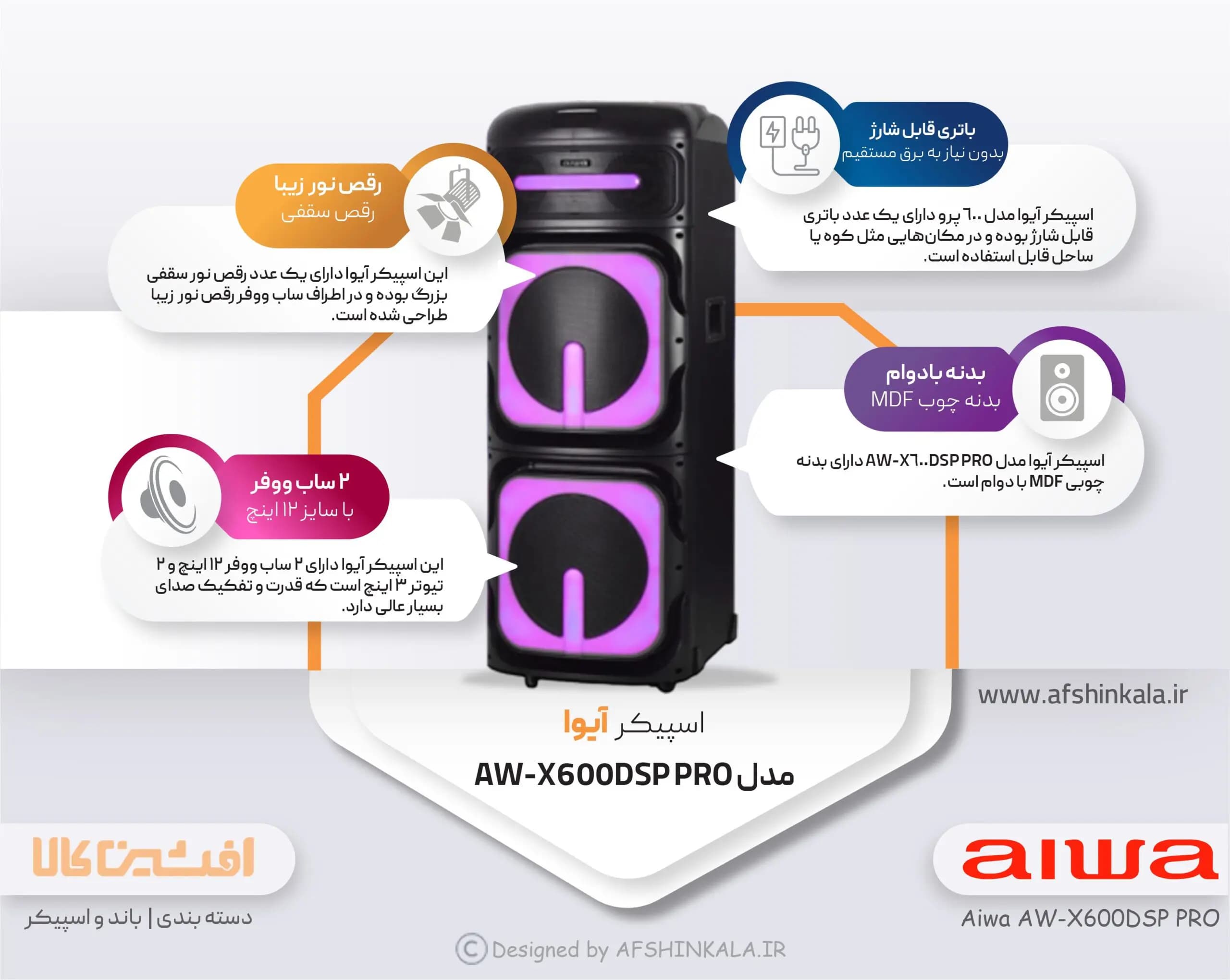 اسپیکر آیوا مدل 600 پرو (AW-X600DSP PRO) شارژی — تصویر ۴