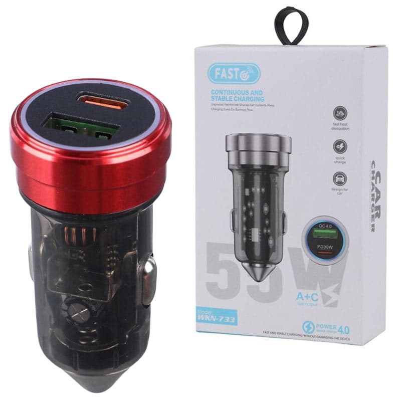 شارژر فندکی شفاف 2پورت 1پورت PD فست 55 وات Q.C3.0 WKN-733