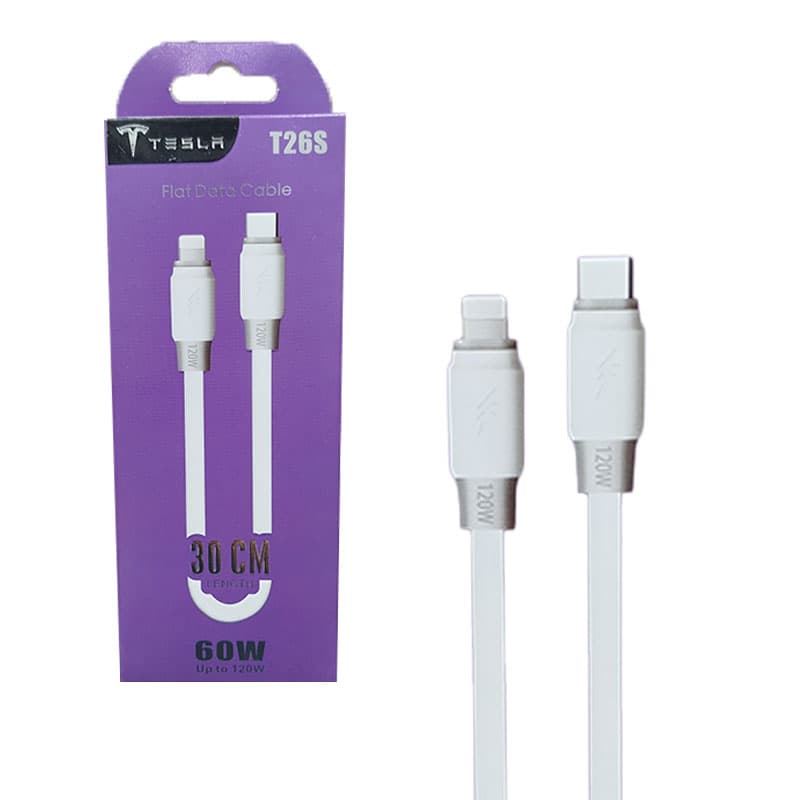 کابل شارژ و دیتا Type c to lightning پاوربانکی 30cm فست Tesla T26s فوق ضخیم — تصویر ۲