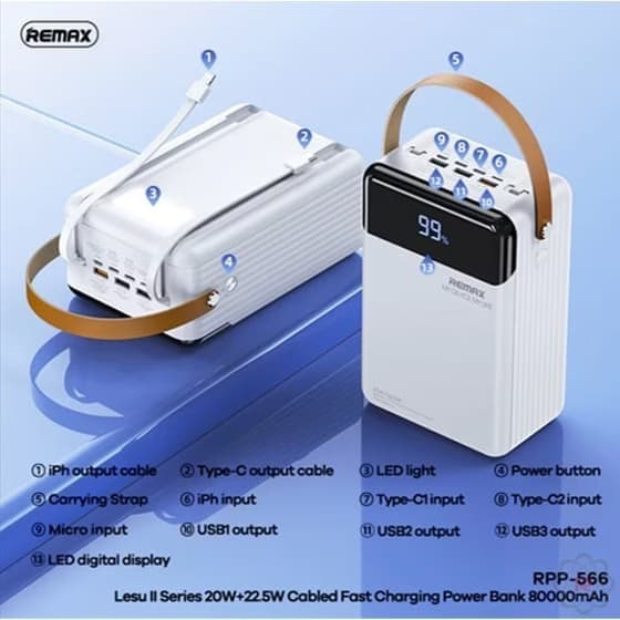 پاوربانک ریمکس مدل RPP-566 ظرفیت ۸۰۰۰۰ میلی آمپر