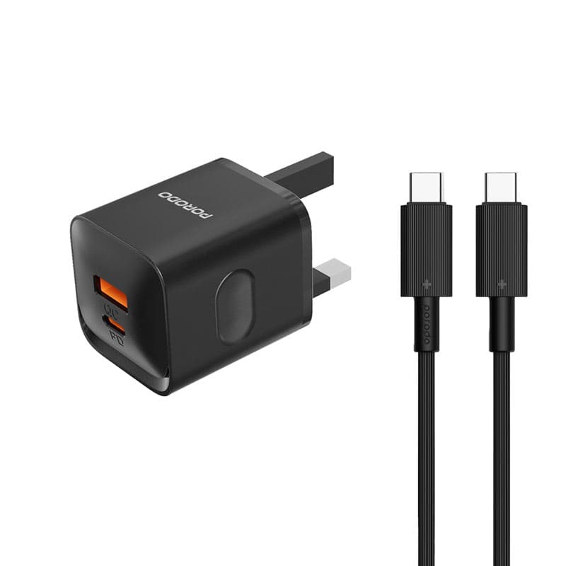 آداپتور شارژر 2پورت 3پین +کابل دوسر type-c مدل Porodo dual port Gan wall charger PDFWCH022 — تصویر ۳