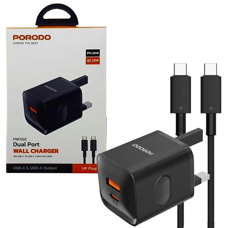 آداپتور شارژر 2پورت 3پین +کابل دوسر type-c مدل Porodo dual port Gan wall charger PDFWCH022