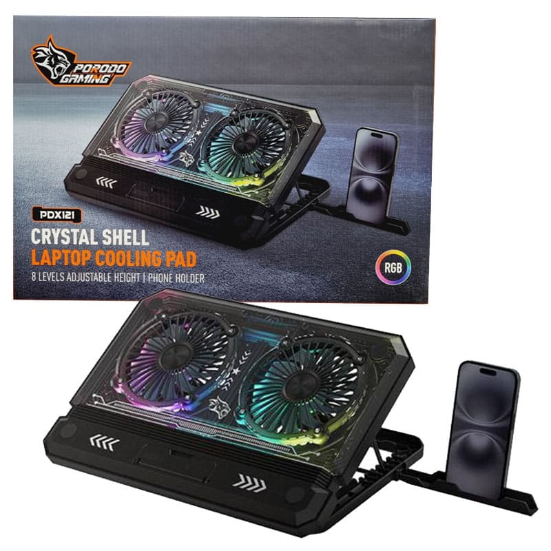 کول پد لپ تاپ RGB دار دو فن گیمینگ پرودو مدل Porodo gaming crystal shell PDX121