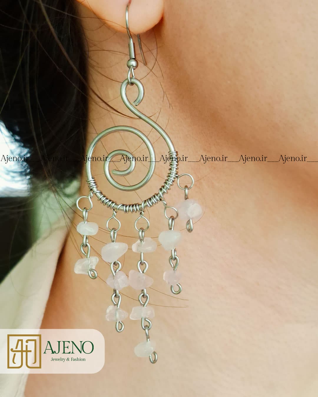 گوشواره سنگ رزکوارتز اصل طرح دل آویز